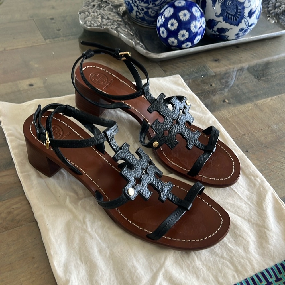 Tory Burch BlackTumbled Leather Block Heel Strap Sandals Size 10M